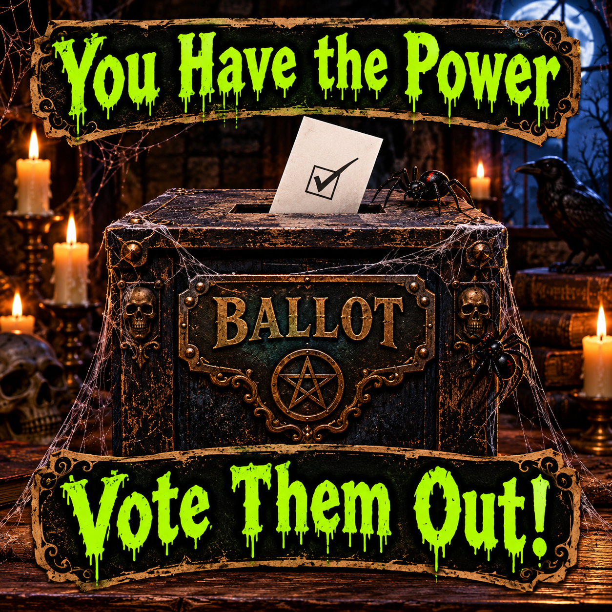 Spooky ballot box surrounded by cobwebs and spiders, with the words You Have the Power and Vote Them Out