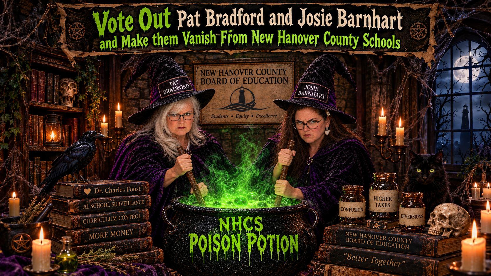 Wide Halloween campaign illustration showing Pat Bradford and Josie Barnhart as witches stirring the NHCS poison potion